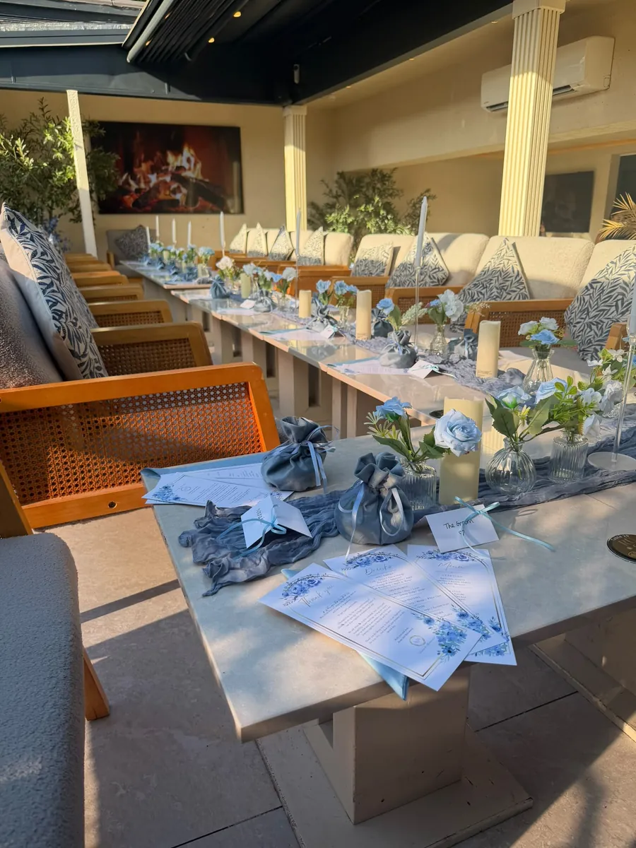 Powder-blue florals on a celebration table