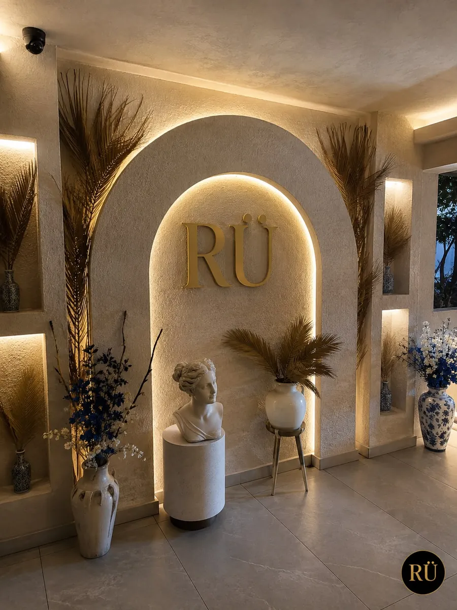 The cream arch with the RÜ crest and sculpture