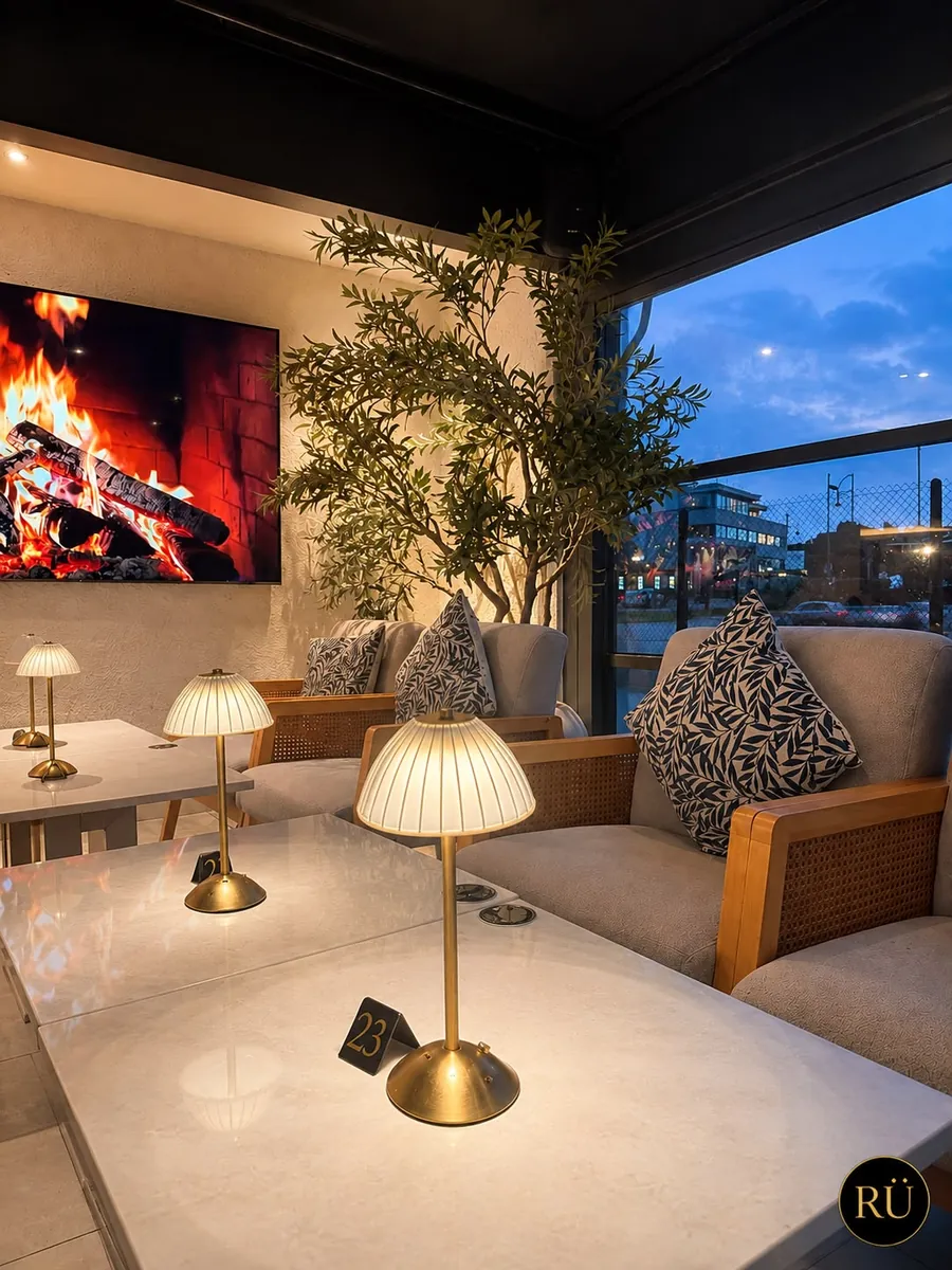 Lounge seating beside the fireside screen